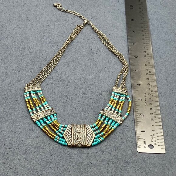Bohemian Multi-Strand Necklace 19 In Tribal Rhinestone Turquoise Beaded Chain - Picture 3 of 8